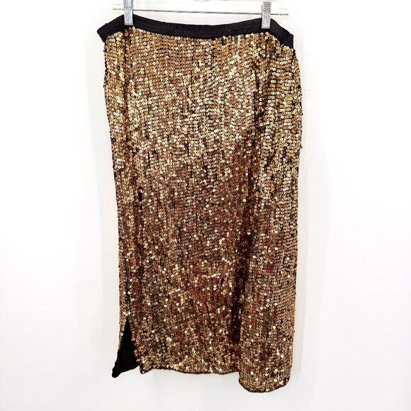 VINTAGE GOLD SEQUIN SILK MIDI SKIRT W/ FLORAL BEADED DESIGN - Picture 8 of 8
